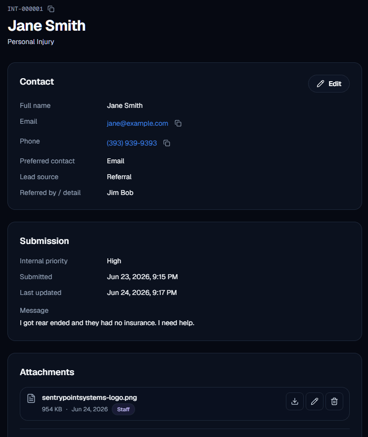 SentryFirm intake review screenshot