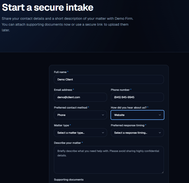 SentryFirm client intake form screenshot